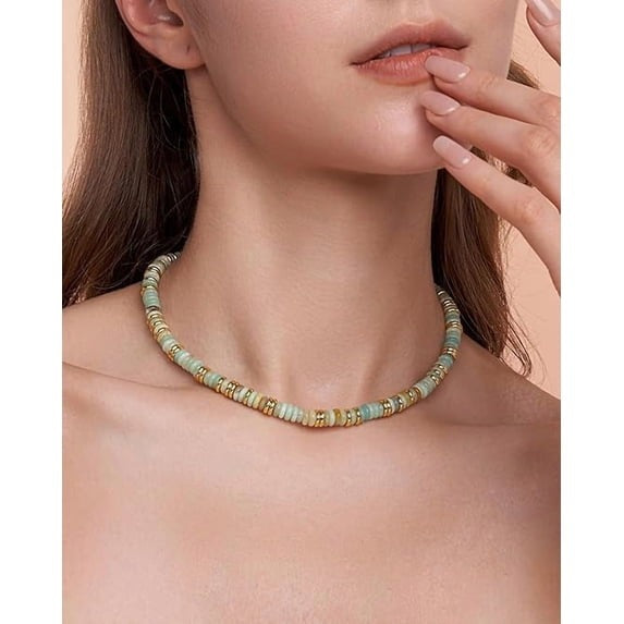 SNGIA 18K Gold Plated Natural Stone Beaded Choker Necklace for Women, Adjustable Mist