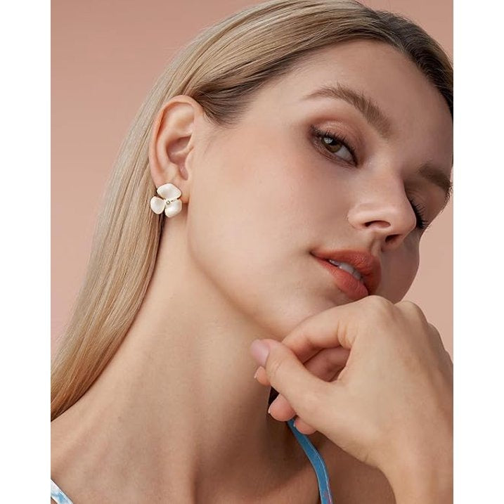 SNGIA 18K Gold Plated Floral Stud Earrings, Enamel Petal Design with CZ Accent for Women