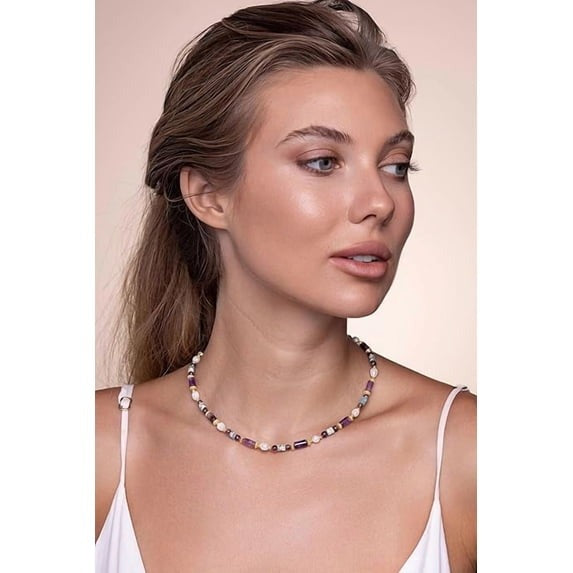 SNGIA Purple Natural Stone and Pearl Beaded Choker Necklace for Women, Gold Tone, 15+3 In