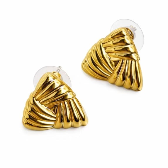 Elegant Gold Tone Triangular Stud Earrings for Women, Textured Fan Design