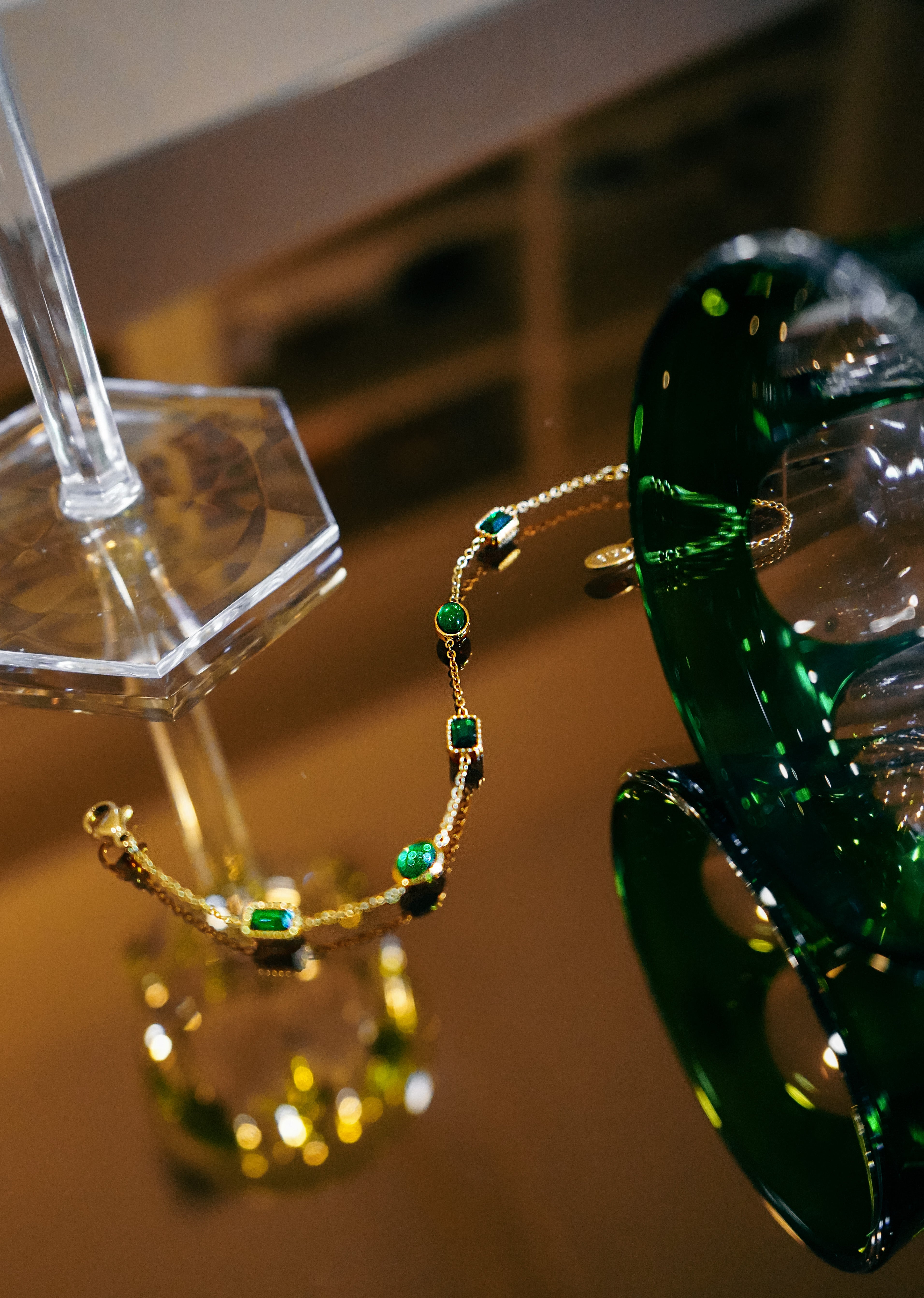 Gold Emerald Stone Beads Station Bracelet