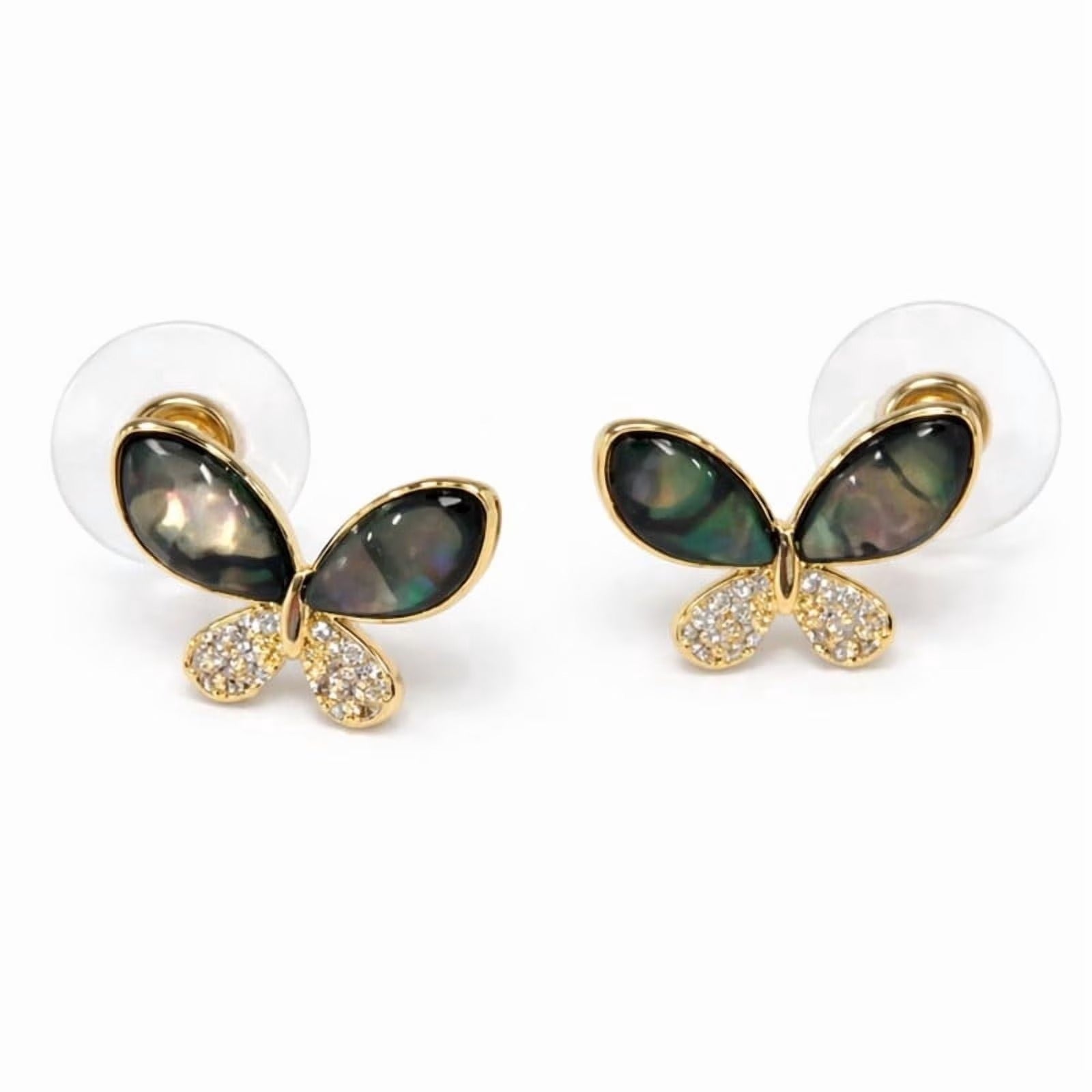 Gold Tone Butterfly Stud Earrings with Iridescent Marquise Stones and Crystal Accent Wings