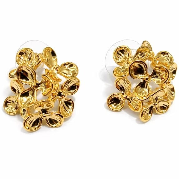 Gold Tone Floral Cluster Stud Earrings for Women, Polished Flower Statement Earrings