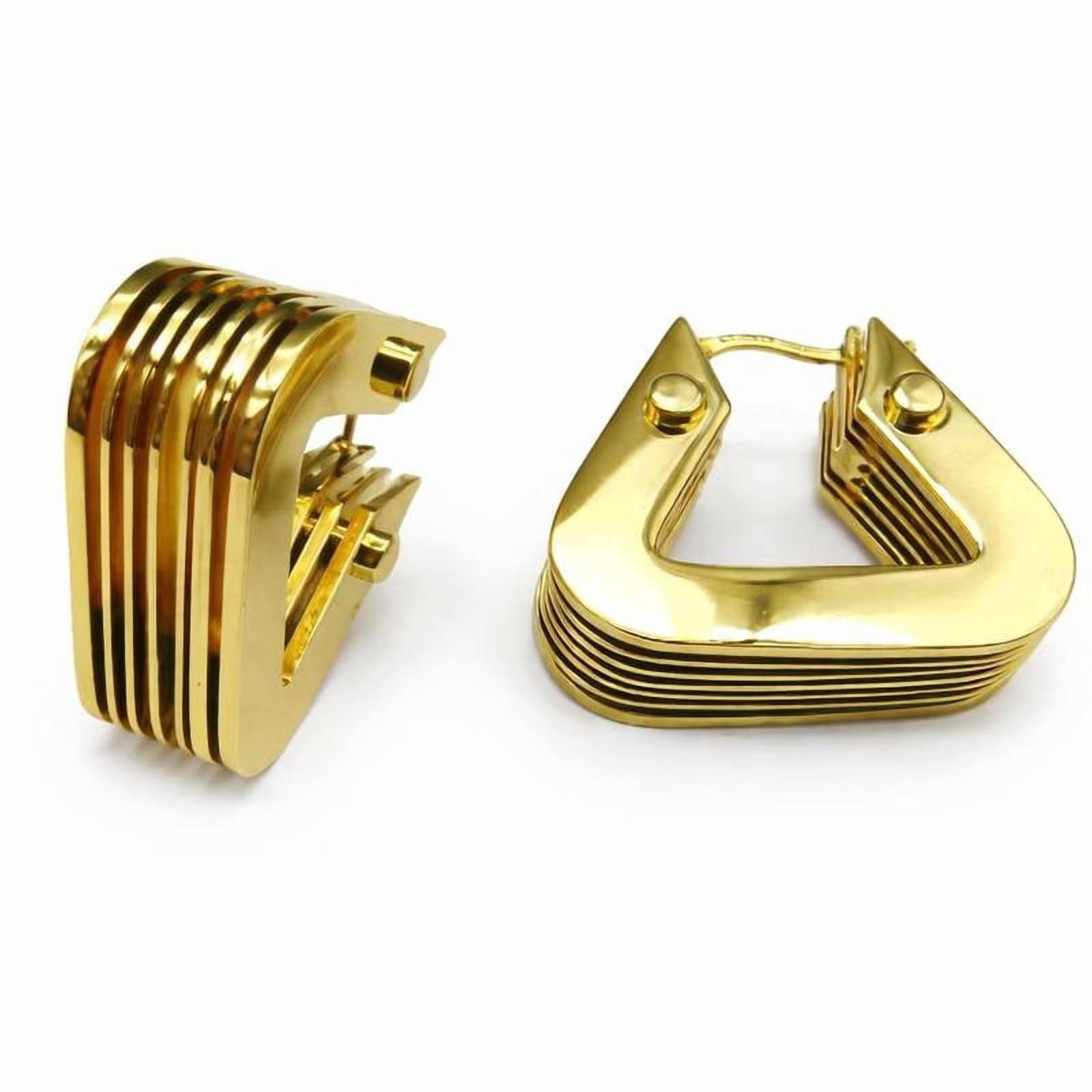 Gold Tone Geometric Hoop Earrings for Women, Polished Ribbed Metal Latch Back Earrings