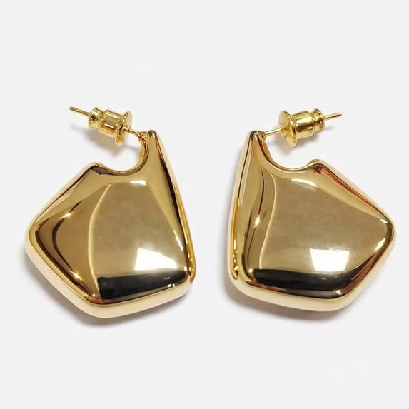 Gold Tone Irregular Geometric Hoop Earrings for Women, Polished Statement Drop Design