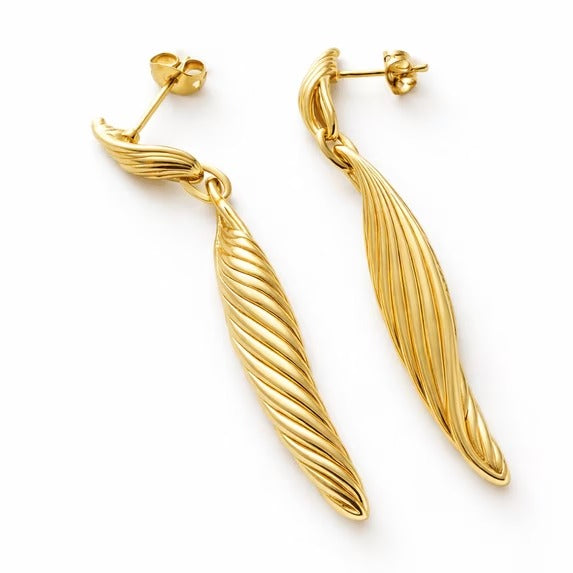 Gold Tone Leaf Drop Dangle Earrings for Women, Textured Long Statement Stud Earrings