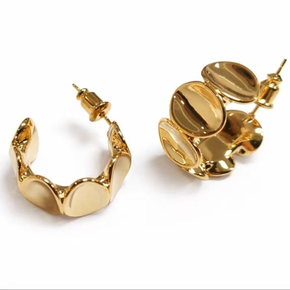 Gold Tone Sculptural Hoop Earrings for Women, Polished Rounded Open Hoop Stud Earrings