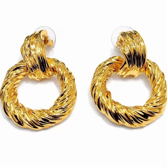Gold Tone Textured Open Circle Drop Earrings for Women, Twisted Statement Stud Earrings