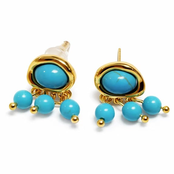 Gold Tone Turquoise Beaded Dangle Stud Earrings for Women