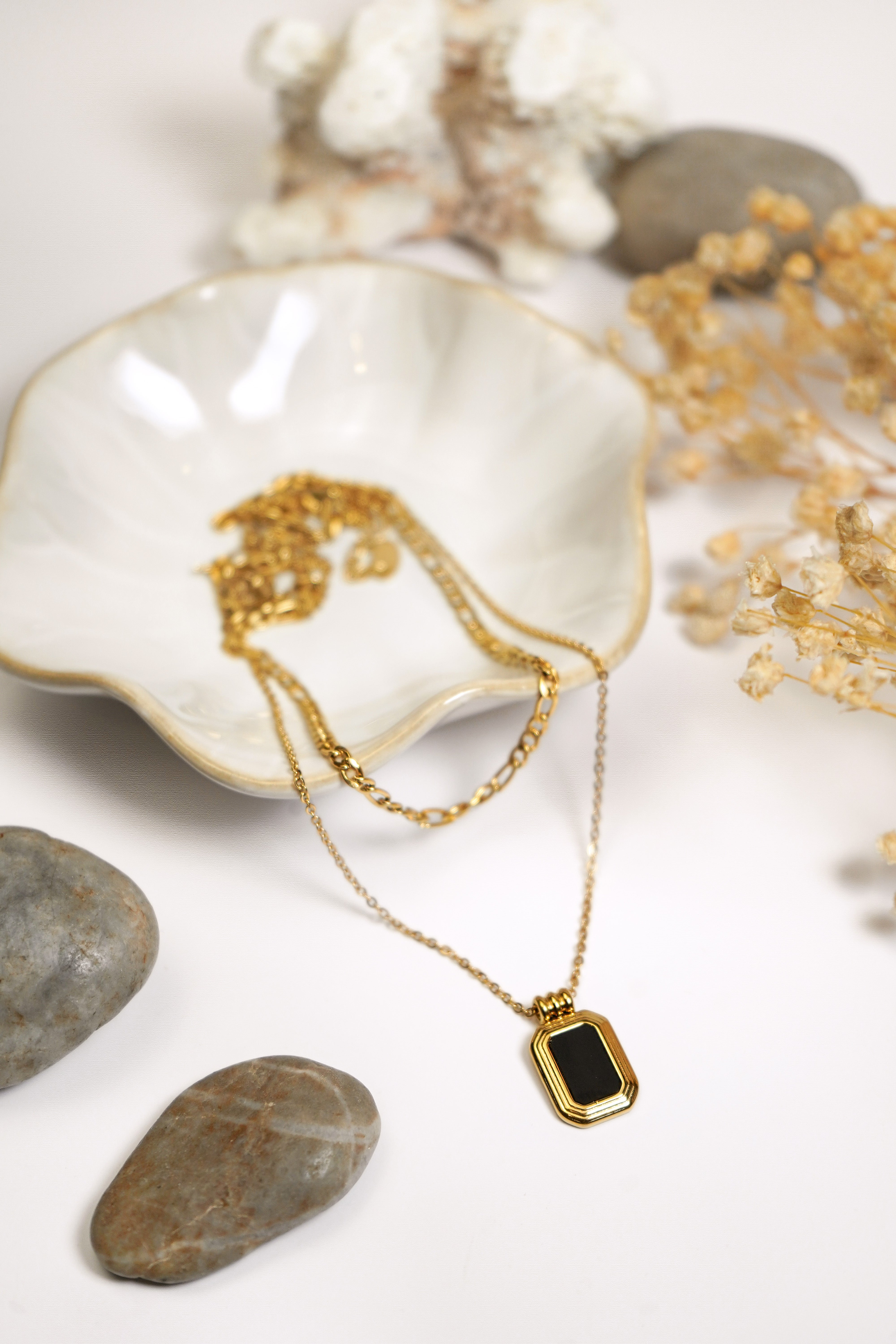 Square Rectangular Gold Black Onyx Pendant Layered Necklace