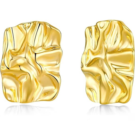SNGIA 14K Gold Plated Textured Rectangular Stud Earrings for Women, Vintage Geometric Style