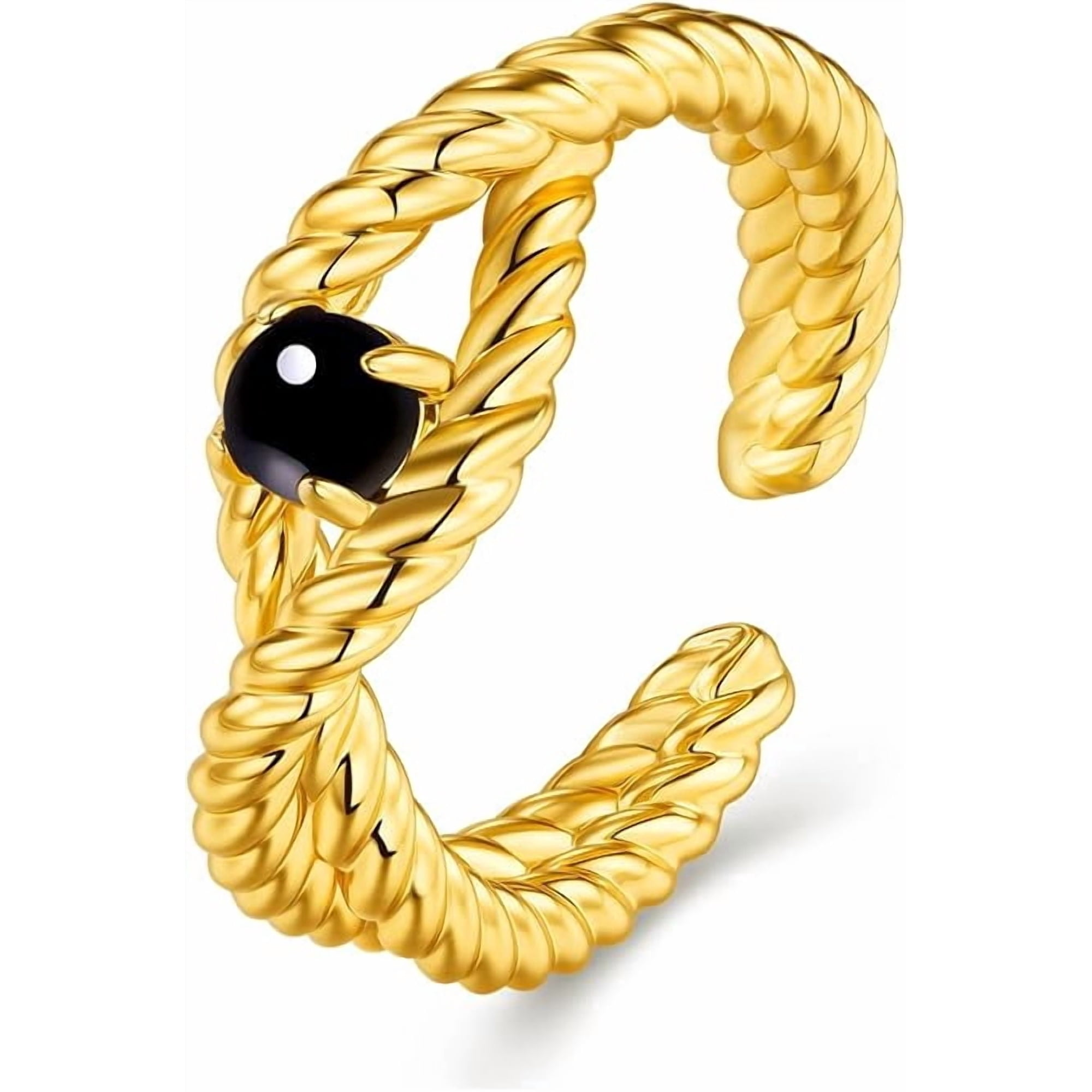 18K Gold Plated Adjustable Open Ring with Black Onyx Style Stone for Women