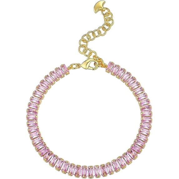18K Gold Plated Adjustable Tennis Bracelet for Women, Baguette CZ - Rose