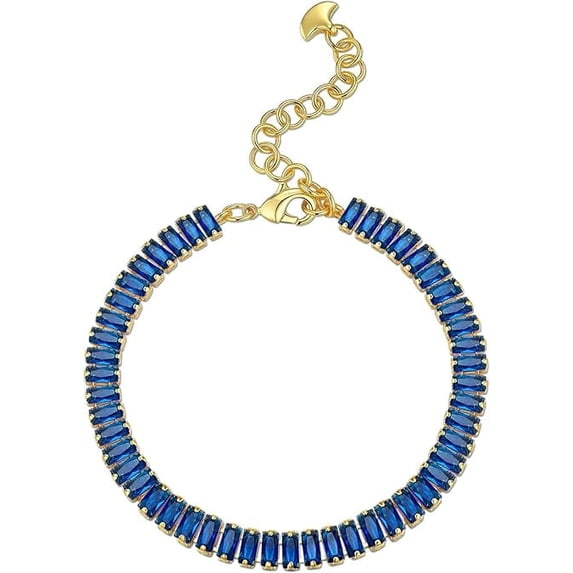 18K Gold Plated Adjustable Tennis Bracelet for Women, Baguette CZ - Sapphire