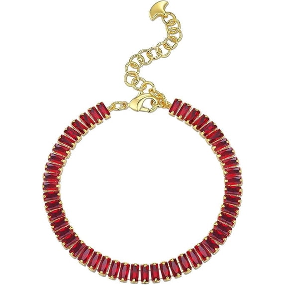 18K Gold Plated Adjustable Tennis Bracelet for Women, Baguette CZ - Ruby