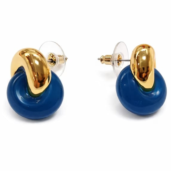 SNGIA 18K Gold Plated Blue Interlock Stud Earrings for Women, Round Statement Design