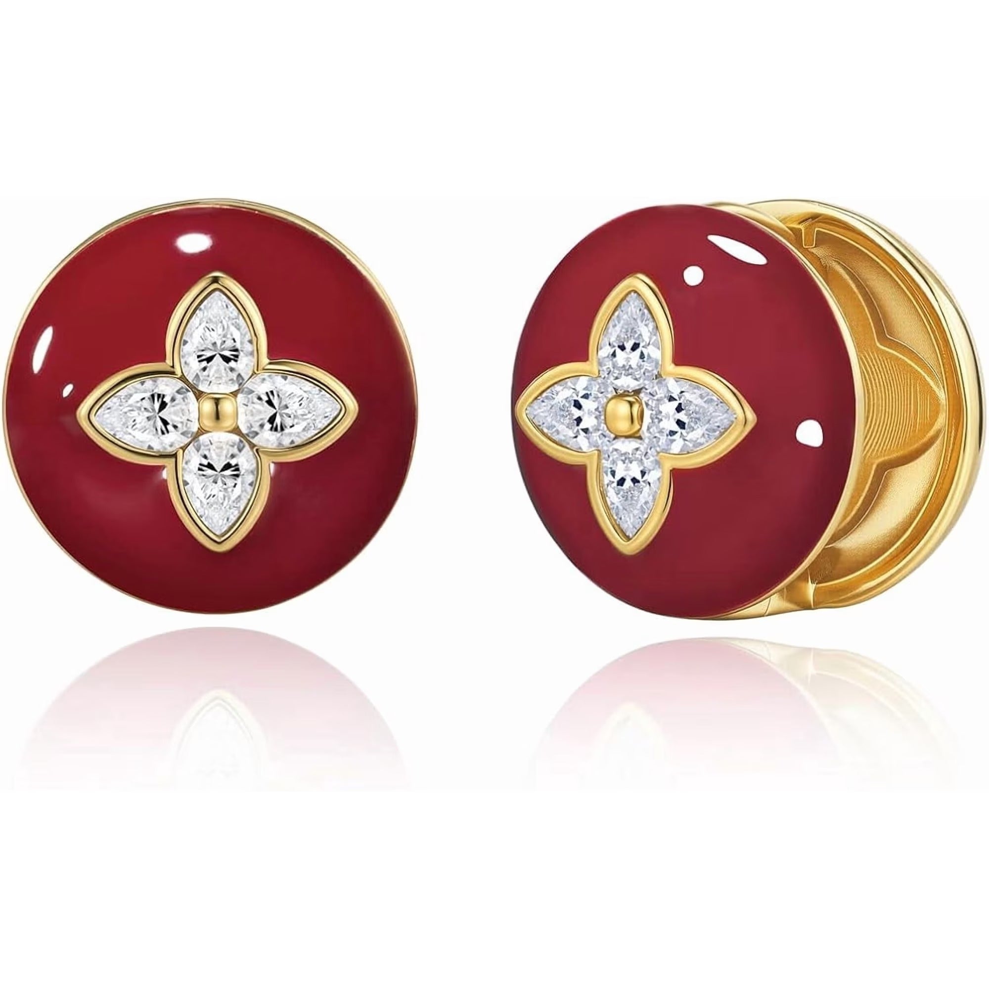 SNGIA 18K Gold Plated Burgundy Enamel Clover Round Stud Earrings with CZ for Women