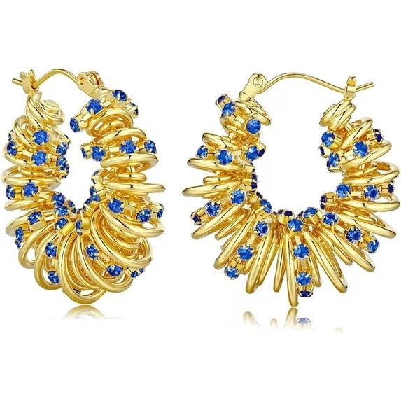 SNGIA 18K Gold Plated Chunky Twisted Open Hoop Earrings for Women with Sapphire Accent