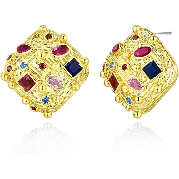 SNGIA 18K Gold Plated Colorful CZ Statement Stud Earrings for Women, Textured Geometric Design