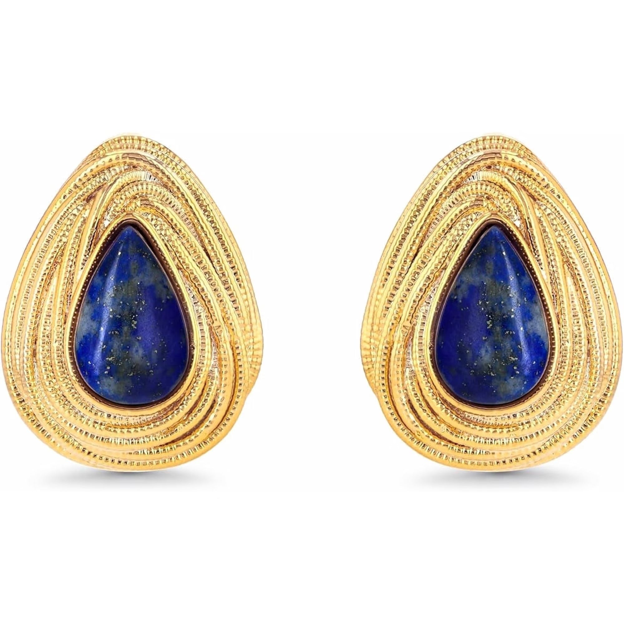 SNGIA 18K Gold Plated Lapis Lazuli Statement Stud Earrings for Women, Textured Teardrop Design