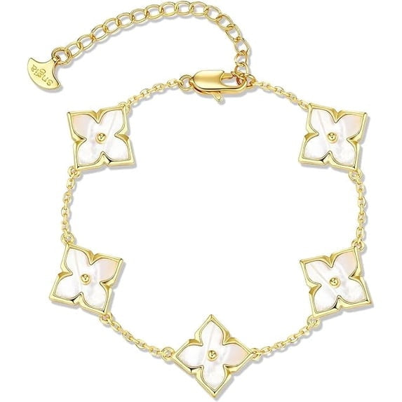 18K Gold Plated Mother of Pearl Clover Bracelet for Women, Adjustable Floral Link Bracelet