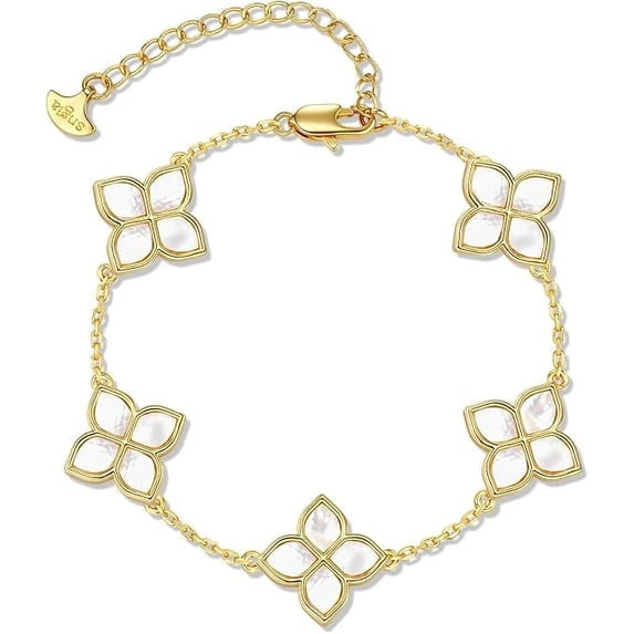 18K Gold Plated Mother of Pearl Clover Station Bracelet for Women, Adjustable Floral Link