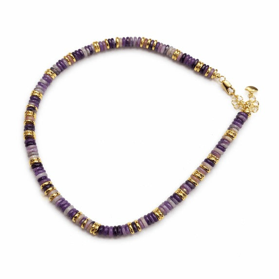 SNGIA 18K Gold Plated Natural Stone Beaded Choker Necklace for Women, Adjustable Amethyst