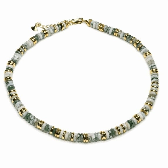 SNGIA 18K Gold Plated Natural Stone Beaded Choker Necklace for Women, Adjustable Sage Green