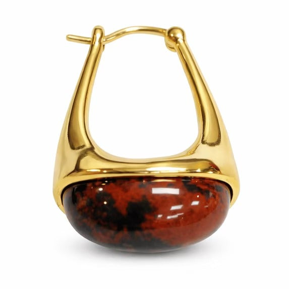 SNGIA 18K Gold Plated Oval Dangle Hoop Earrings with Mahogany Obsidian Resin Accent for Women