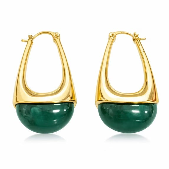 SNGIA 18K Gold Plated Oval Dangle Hoop Earrings with Malachite Resin Accent for Women