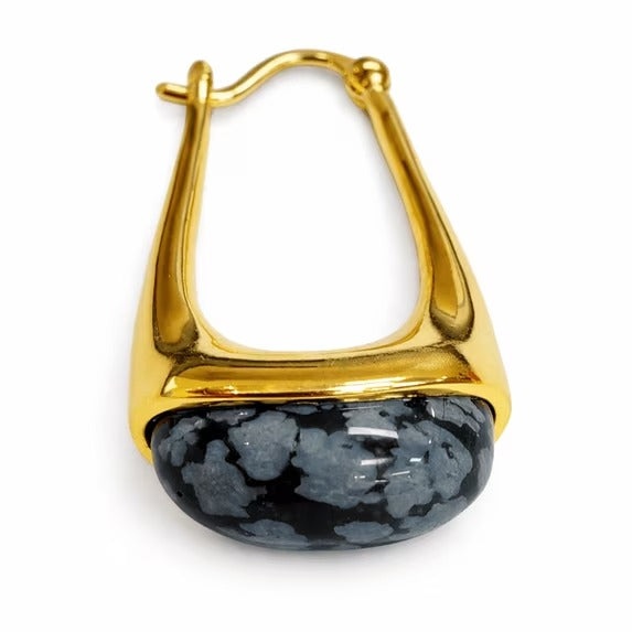SNGIA 18K Gold Plated Oval Dangle Hoop Earrings with Snowflake Obsidian Resin Accent for Women