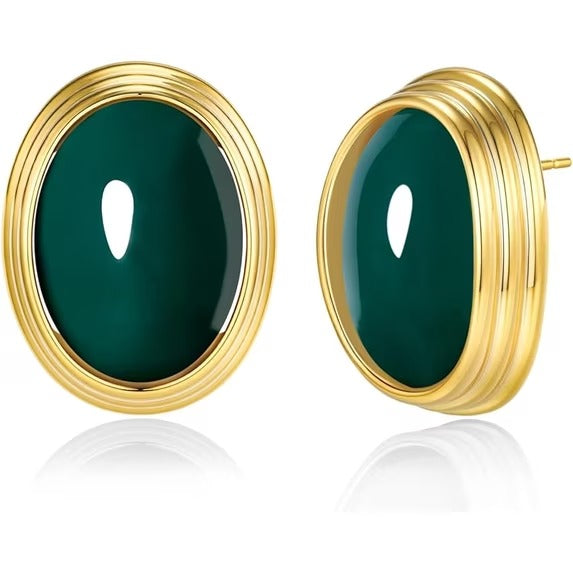 SNGIA 18K Gold Plated Oval Stud Earrings for Women, Multicolor Cabochon Statement Button Earrings
