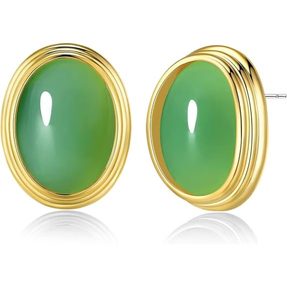 SNGIA 18K Gold Plated Oval Stud Earrings for Women, Multicolor Cabochon Statement Button Earrings
