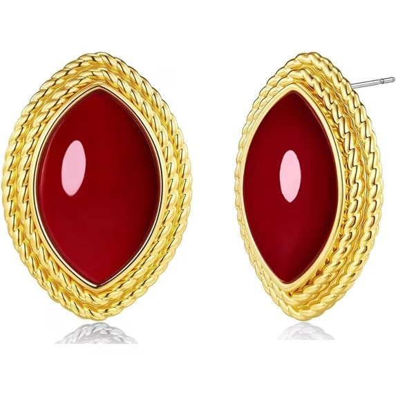 SNGIA 18K Gold Plated Oval Stud Earrings for Women with Resin Center and Braided Frame