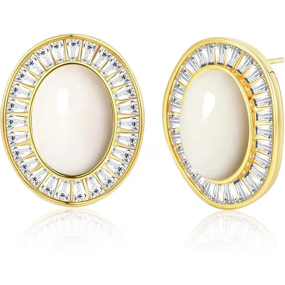 SNGIA 18K Gold Plated Oval Stud Earrings with CZ Halo, Statement Button Earrings for Women