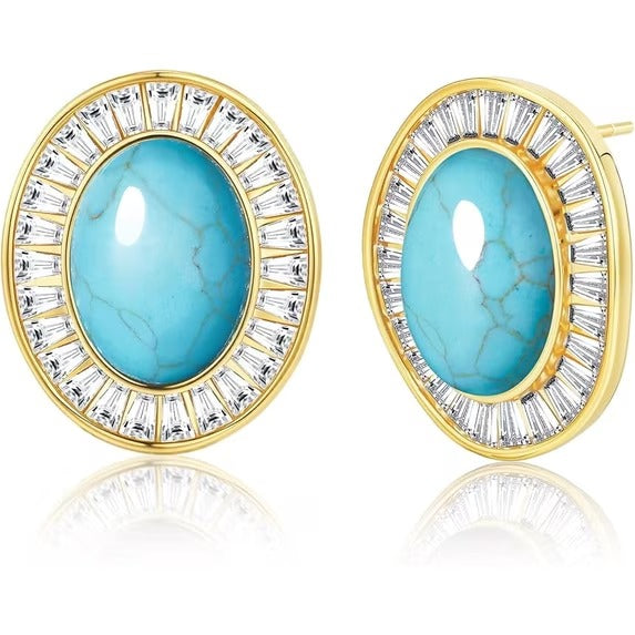 SNGIA 18K Gold Plated Oval Stud Earrings with CZ Halo, Statement Button Earrings for Women