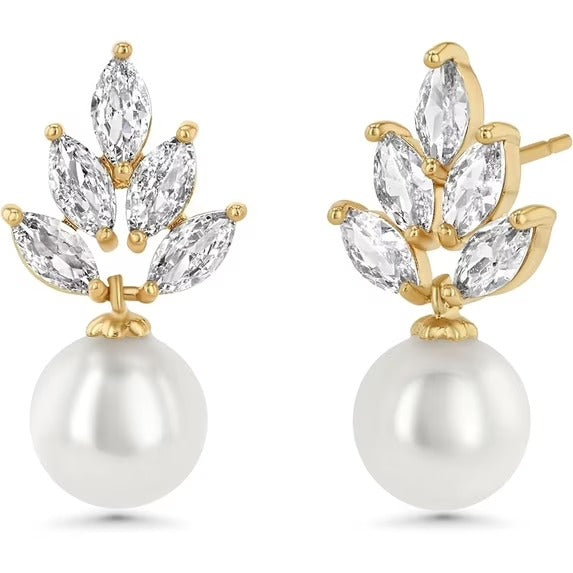SNGIA 18K Gold Plated Pearl Drop Stud Earrings with Cubic Zirconia Floral Design for Women