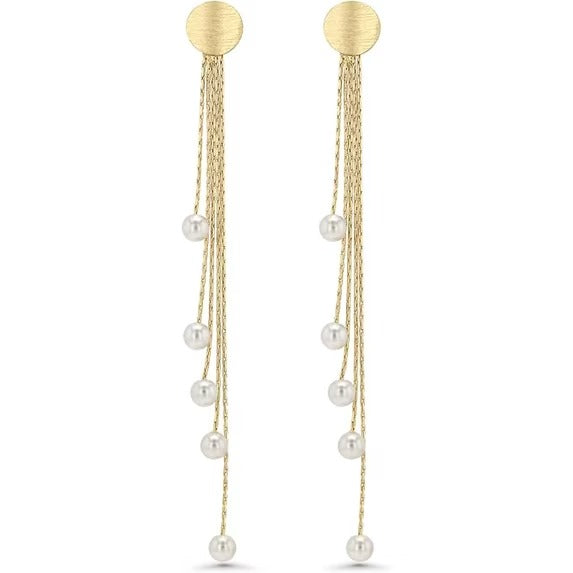 SNGIA 18K Gold Plated Pearl Tassel Drop Earrings for Women, White Dangle Statement Jewelry