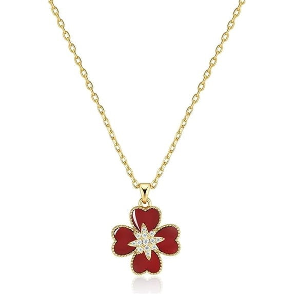 SNGIA 18K Gold Plated Red Floral Pendant Necklace with CZ Accent, Adjustable Bohemian Style