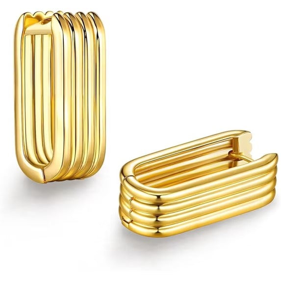 SNGIA 18K Gold Plated Ribbed Oval Hoop Earrings for Women, Chunky Geometric Statement Studs