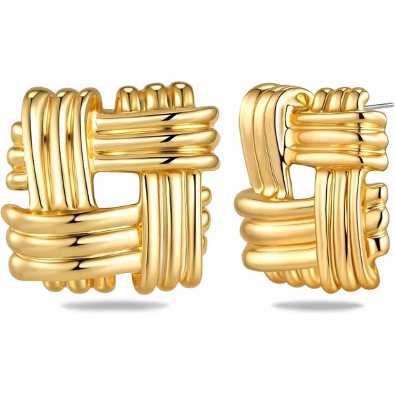 SNGIA 18K Gold Plated Ribbed Square Statement Stud Earrings for Women, Geometric Vintage Style