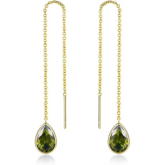 SNGIA 18K Gold Plated Threader Dangle Earrings for Women with Olive Teardrop Stone
