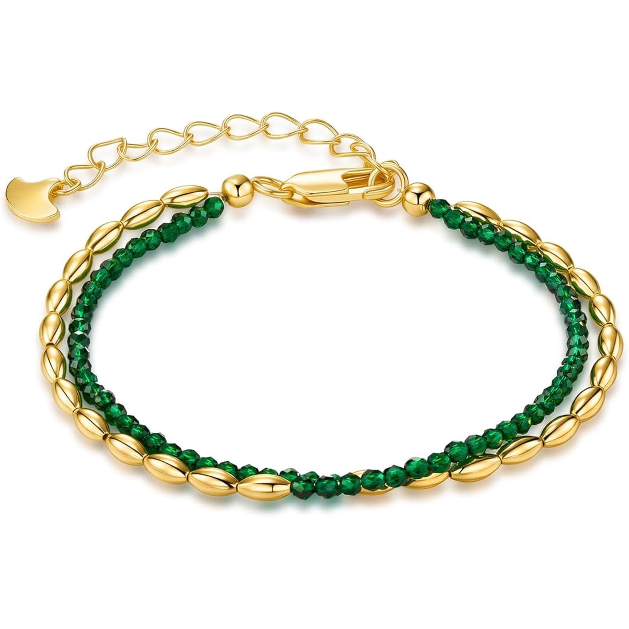Adjustable Gold Beaded Bracelet with Green Crystal Accents for Women