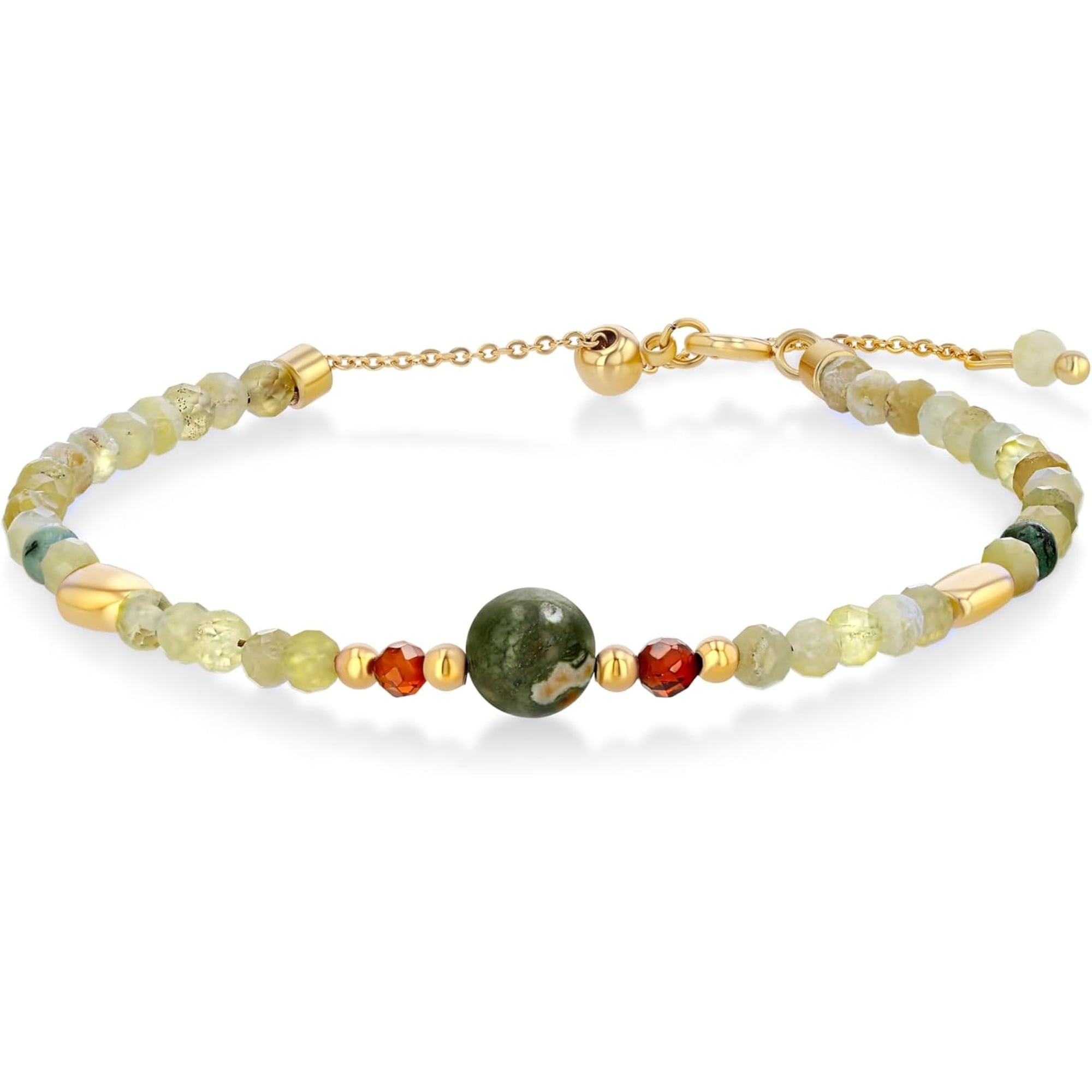 Adjustable Natural Stone Beaded Bracelet for Women, 18K Gold Plated Multicolor Chain Bracelet