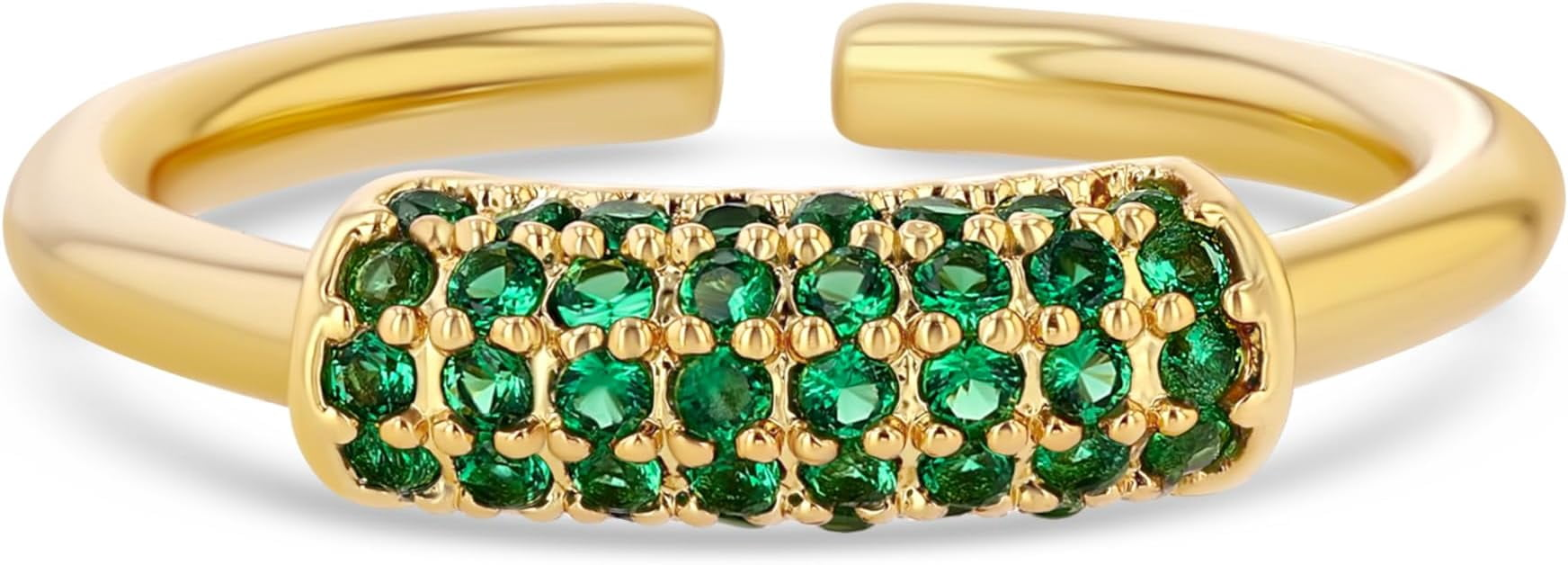 Adjustable Open Ring for Women, Gold Tone Pave Green CZ Band, Stackable Fashion Jewelry