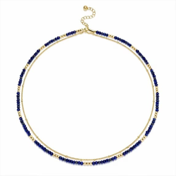 SNGIA Blue Beaded Double Layer Choker Necklace with Gold Tone Chain and Adjustable Extender