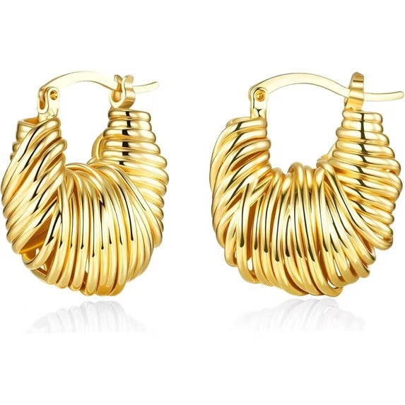 SNGIA Braided Chunky Hoop Earrings for Women, 18K Gold Plated or Silver Tone Ribbed Design