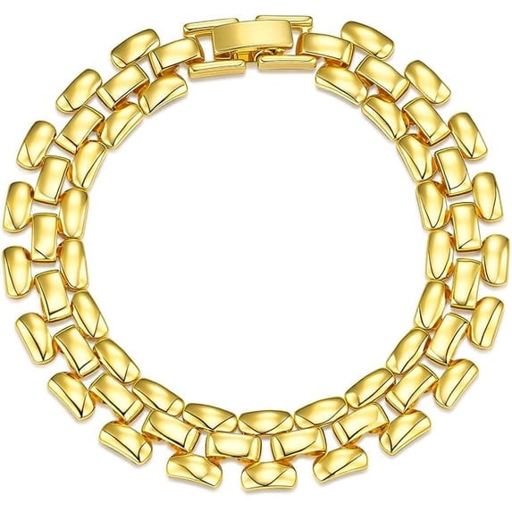 Chunky 18K Gold Plated Link Chain Bracelet for Women Textured Ribbed Statement Jewelry