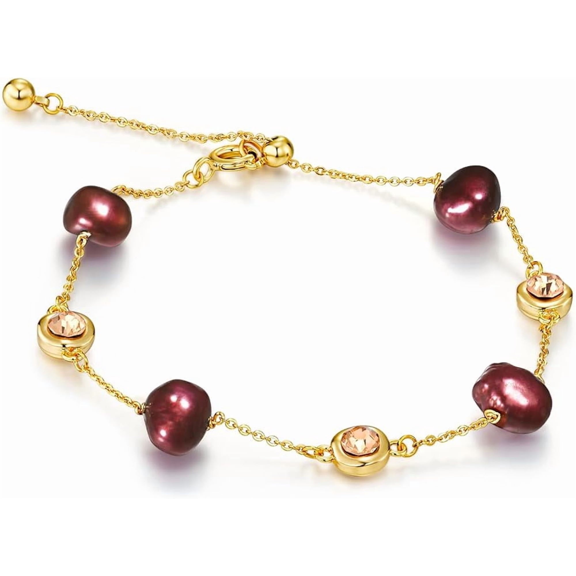 Gold Plated Baroque Pearl Bracelet with Purple Beads & CZ Accents, Adjustable Chain