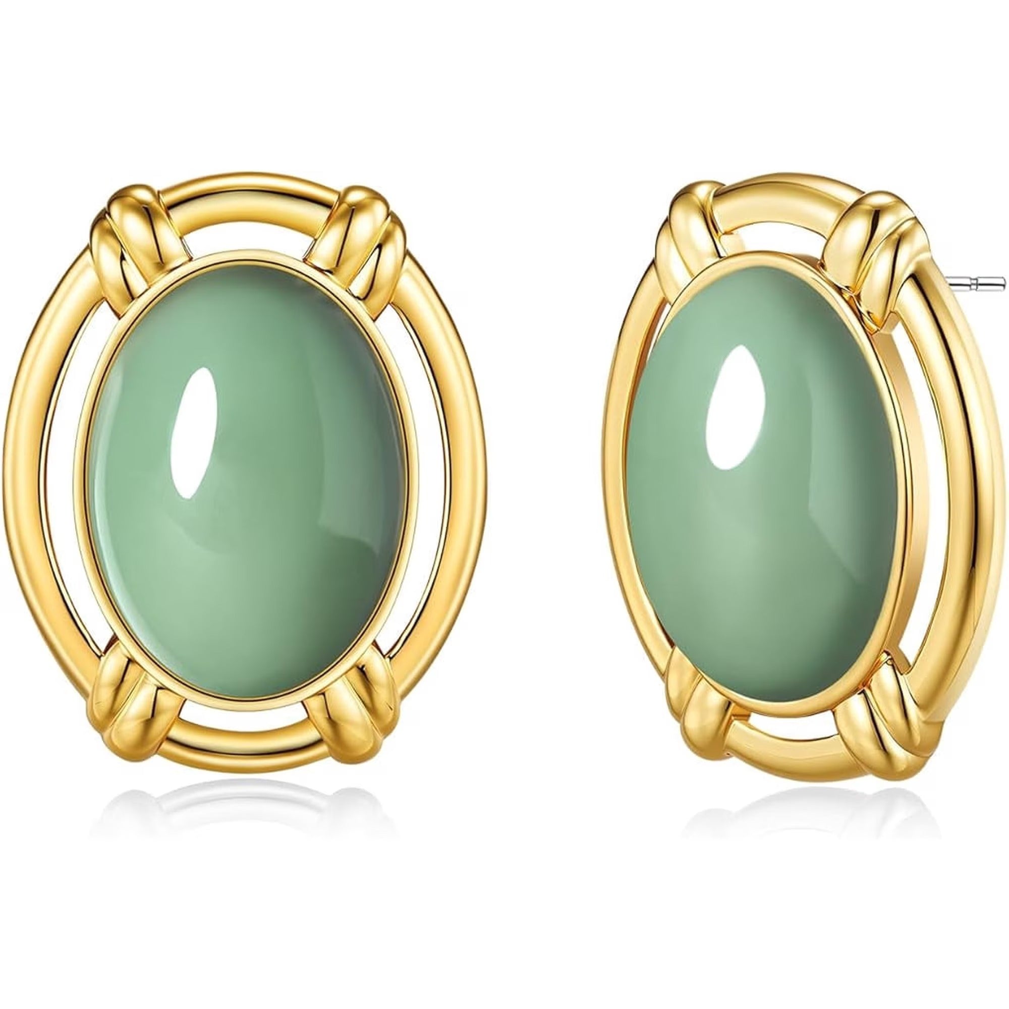 SNGIA Gold Plated Oval Olive Gemstone Stud Earrings Large Statement Button Design